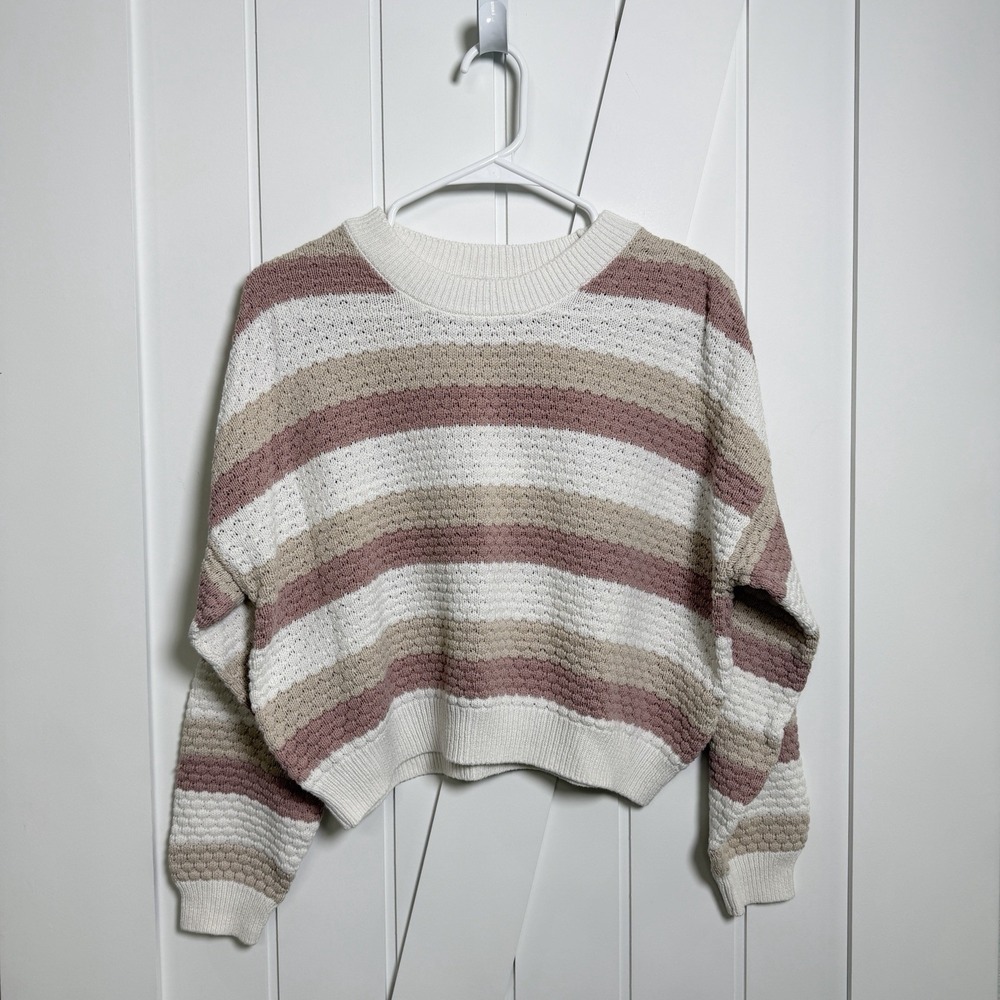 Hollister Striped Cropped Sweater Womens XS Pink Cream Tan Knit Top Preppy Indie